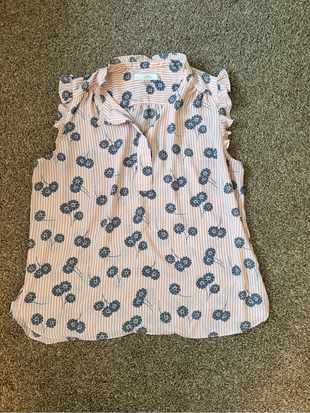 LOFT Pink and Navy Floral Ruffle Sleeve Sleeveless Top